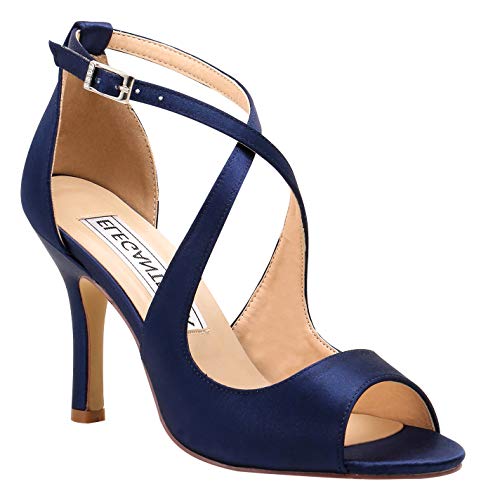 Duosheng & Elegant HP1820 High Heel Pumps Kreuz Riemchen Schnalle Peep Zehen Satin Abendschuhe Partei Hochzeitsschuhe Brautschuhe Sandalen Marineblau Gr. 39 von Duosheng & Elegant