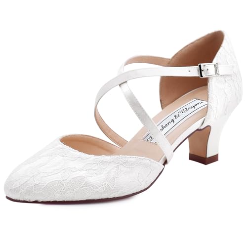 Duosheng & Elegant Geschlossene Zehen HC1920 Kreuz Bände Brautschuhe Schnalle für Damen Absatz Hochzeit Braut Spitze Schuhe mit Lace Ivory Gr. 39 von Duosheng & Elegant