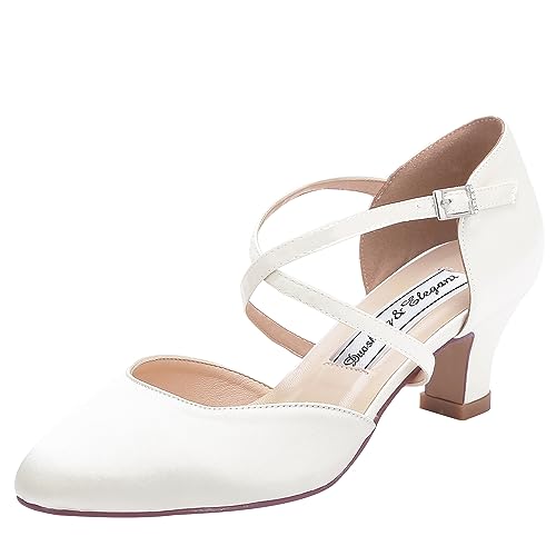 Duosheng & Elegant Geschlossene Zehen HC1921 Kreuz Bände Schnalle Brautschuhe für Damen Party Absatz Hochzeit Brautschuhe mit Satin Ivory Gr. 37 von Duosheng & Elegant