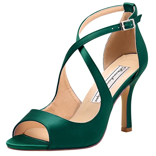 Duosheng & Elegant HP1820 High Heel Pumps Kreuz Riemchen Schnalle Peep Zehen Satin Abendschuhe Partei Hochzeitsschuhe Brautschuhe Sandalen Dunkelgrün 40 EU von Duosheng & Elegant