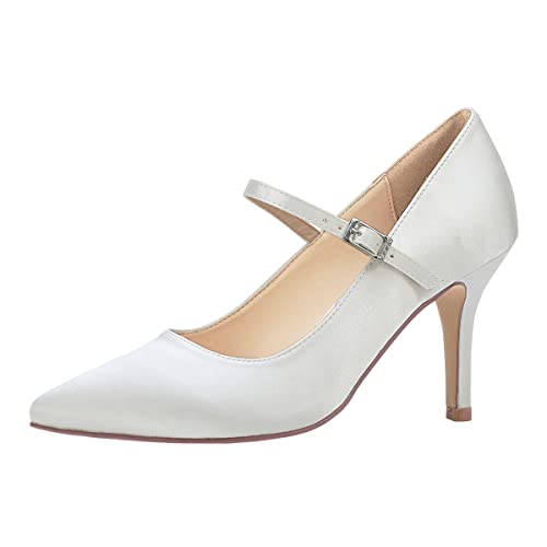 Duosheng & Elegant High Heel Pumps Hoch Absatz Mary Jane Satin für Partei Abendschuhe Hochzeitsschuhe Brautschuhe Ivory Gr.40 von Duosheng & Elegant