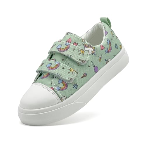 Duovodu Kinder Canvas Sneaker Jungen Mädchen Freizeit Kinderschuhe Anti-Rutsch Komfortabel Segeltuchschuhe Mit Doppelt Verstellbarem Klettverschluss Hellgrün 35 EU von Duovodu