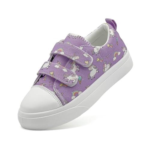 Duovodu Kinder Canvas Sneaker Jungen Mädchen Freizeit Kinderschuhe Anti-Rutsch Komfortabel Segeltuchschuhe Mit Doppelt Verstellbarem Klettverschluss Violett 27 EU von Duovodu