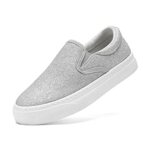 Duovodu Kinder Canvas Sneakers mit Glitter Unisex Segeltuchschuhe Casual Atmungsaktiv Anti-Rutsch Leichte Kinderschuhe für Jungen und Mädchen (Weiß Big Kid 6.5) von Duovodu
