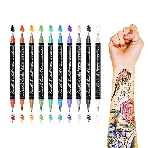 Temporäre Tätowiermarker Für Haut, 10 Farbkörpermarker Für Kinder Und Erwachsene, Körperkunstfarbenstifte, DualEnd Tat-too Stifte Machen Mutige Und FeineLinien, Waschbares Gesichtsfarbe Für Kinder von Duqulle
