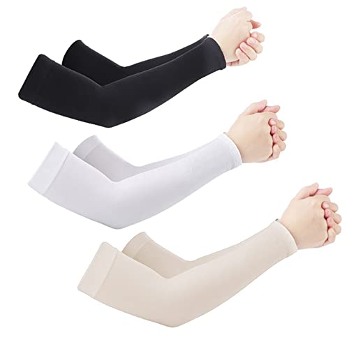 Durdiiy 3 Paar Arm Ärmel UV Sonnenschutz Armstulpen UPF 50 Coole Sport Arm Guards Universal größe für Herren und Damen für Radfahren, Ballspielen, Laufen und Wandern (schwarz, weiß, Haut) von Durdiiy