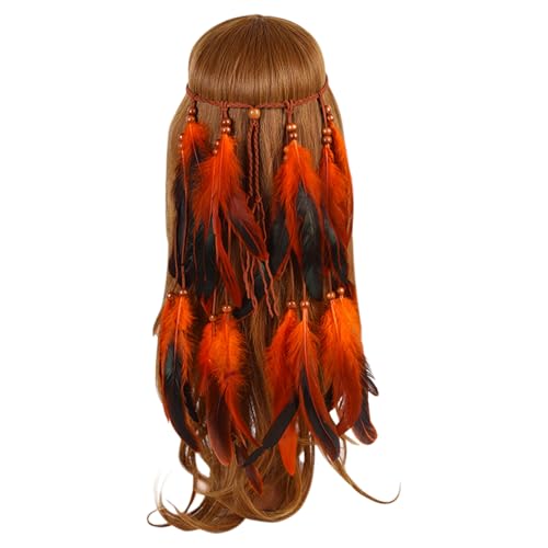 Durdiiy Federschmuck Stirnband für Damen & Mädchen-Boho Kopfschmuck mit Farbigen Federn,Hippie Accessoires Indianer Kostüm,Wikinger Tribal Haarspange,Karneval Fasching Federkopfschmuck (orange, 30) von Durdiiy