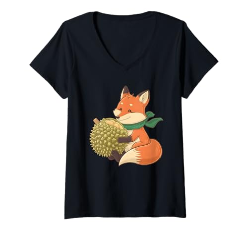Damen Fuchs frisst Durian T-Shirt mit V-Ausschnitt von Durian Tropical Fruit