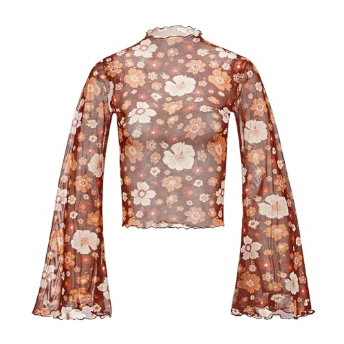 Durio 70er Jahre Damen-Oberteil mit Glockenärmeln, Blumenmuster, Disco-Outfit, Stehkragen, ausgestelltes Oberteil, halbtransparentes Netz, langärmeliges Oberteil, Braunes Blumenmuster, Medium von Durio