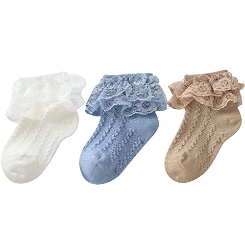 Durio Baby Mädchen Socken Elastisch Söckchen Rüschen Spitze Taufe Socken für Neugeborene Kleinkind Mädchen Kinder 3 Paar Weiß Blau Braun 1-3 Jahre von Durio