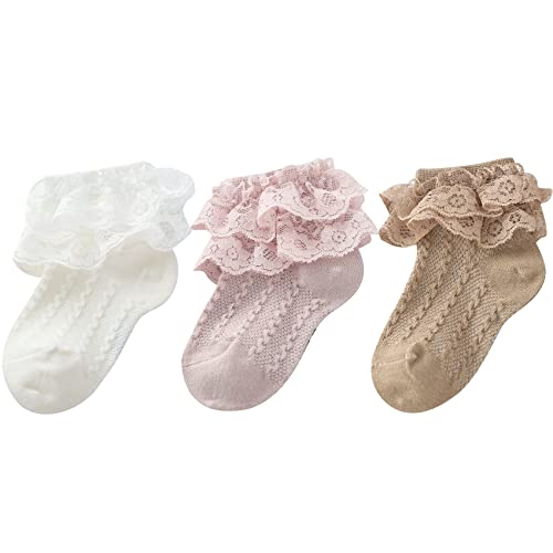 Durio Baby Mädchen Socken Elastisch Söckchen Rüschen Spitze Taufe Socken für Neugeborene Kleinkind Mädchen Kinder 3 Paar Weiß Dunkelrosa Braun 1-3 Jahre von Durio