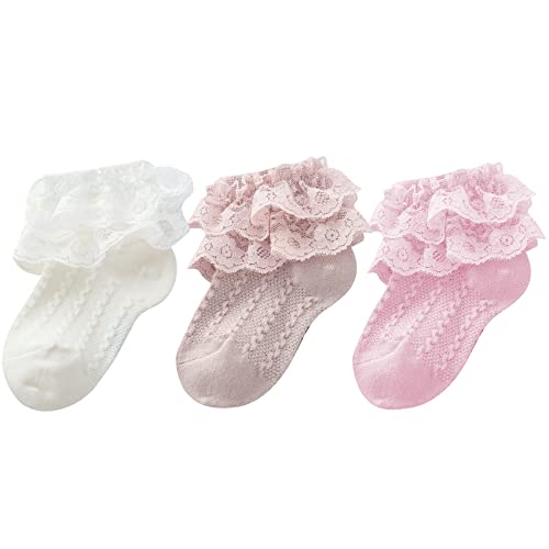 Durio Baby Mädchen Socken Elastisch Söckchen Rüschen Spitze Taufe Socken für Neugeborene Kleinkind Mädchen Kinder 3 Paar Weiß Dunkelrosa Rosa 1-3 Jahre von Durio