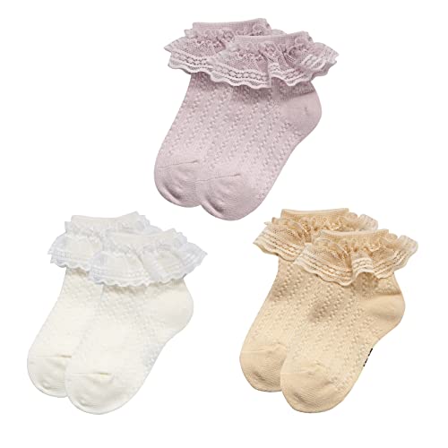 Durio Baby Mädchen Socken Elastisch Söckchen Rüschen Spitze Taufe Socken für Neugeborene Kleinkind Mädchen Kinder 3 Paar Weiß Hellrosa Beige 1-3 Jahre von Durio