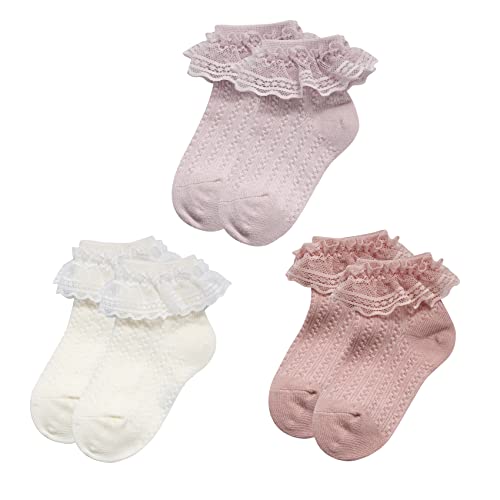 Durio Baby Mädchen Socken Elastisch Söckchen Rüschen Spitze Taufe Socken für Neugeborene Kleinkind Mädchen Kinder 3 Paar Weiß Hellrosa Dunkelrosa 3-12 Monate von Durio