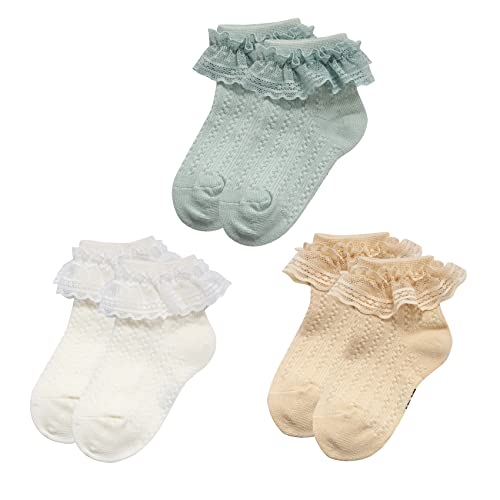 Durio Baby Mädchen Socken Elastisch Söckchen Rüschen Spitze Taufe Socken für Neugeborene Kleinkind Mädchen Kinder 3 Paar Weiß Hellrosa Hellgrün 1-3 Jahre von Durio