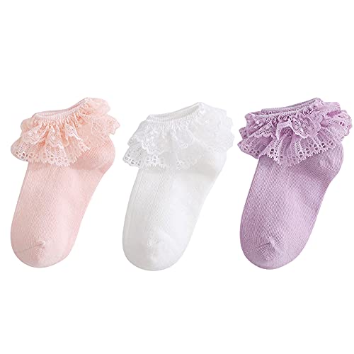 Durio Baby Mädchen Socken mit Rüschen Babysocken Baumwolle Spitze Taufe Socken Kleinkinder knochenlose Prinzessin Socken 3er Set Weiß Pink u. Lila 0-12 Monate von Durio