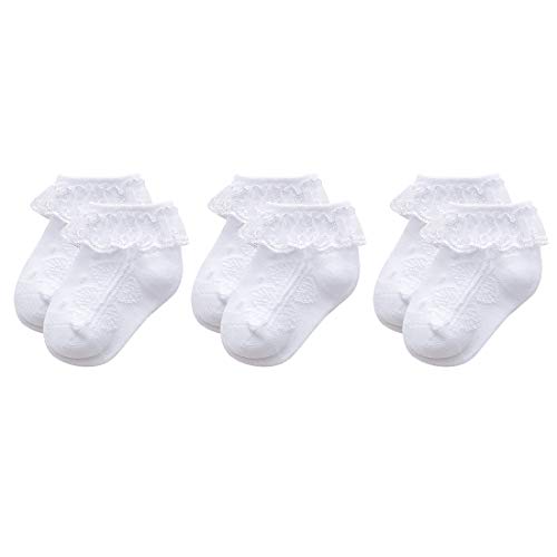 Durio Baby Mädchen Socken mit Rüschen Babysocken Baumwolle Spitze Taufe Socken Ösen Kleid Socken Söckchen für Baby Kleinkind 3 Paar Weiß 1-3 Jahre von Durio