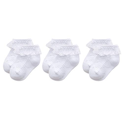 Durio Baby Mädchen Socken mit Rüschen Babysocken Baumwolle Spitze Taufe Socken Ösen Kleid Socken Söckchen für Baby Kleinkind 3 Paar Weiß 3-12 Monate von Durio
