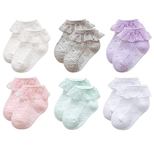 Durio Baby Mädchen Socken mit Rüschen Baumwolle Spitze Taufe Ösen Kleid Söckchen für Baby Kleinkind 3 Paar Weiß 6 Paar Mischfarben 3-12 Monate von Durio