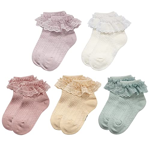 Durio Baby Mädchen Socken mit Rüschen Babysocken Baumwolle Spitze Taufe Socken Weich Babysocken Söckchen für Baby Kleinkind 5 Paare A 1-3 Jahre von Durio