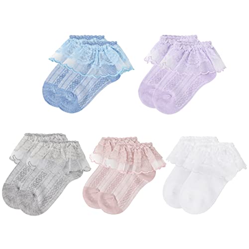 Durio Baby Mädchen Socken mit Rüschen Baumwolle Spitze Taufe Socken Weich Babysocken Söckchen für Baby Kleinkind 5 Paare B 1-3 Jahre von Durio