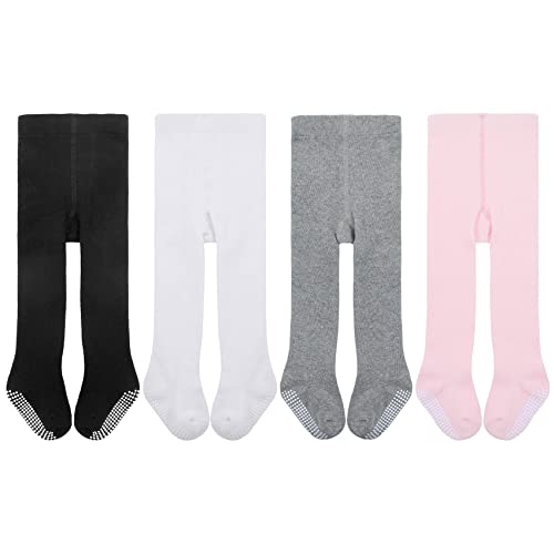 Durio Baby Mädchen Strumpfhose - Baby Kleinkind Anti-Rutsch Rutschfest Strumpfhosen Baumwolle Stoppersocken Unisex Mädchen Jungen 4 Paar-Schwarz Weiß Rosa u. Grau 1-2 Jahre von Durio