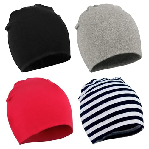 Durio Baby Mütze Jungen Mädchen Unisex Babymütze Kleinkind Wendemütze Jersey Slouch Beanie Mütze Infant Hut 4er Pack Farbmischung Schwarz, hellgrau, schwarz-weiß, rot 0-12 Monate von Durio