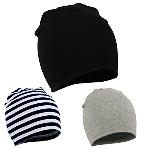 Durio Baby Mütze Jungen Mädchen Unisex Babymütze Kleinkind Wendemütze Jersey Slouch Beanie Mütze Infant Hut 3er Pack Schwarz Streifen u. Hellgrau 0-12 Monate von Durio