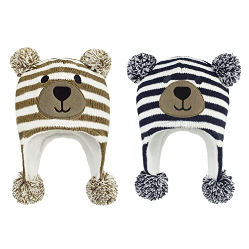 Durio Baby Mütze Wintermütze Kleinkind Kinder Mädchen Jungen Earflap Beanie Warm Strickmütze mit Bommel 2er Set Kaffee u. Navy 1-2 Jahre (Tag Size M) von Durio