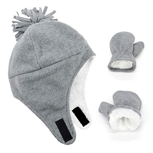 Durio Baby Mütze und Handschuhe Set Junge Wintermütze und Fäustlinge Warmes Gefütterte Fleece Mütze Kappen Ohrenklappe Kleinkind Kinder Mädchen Hellgrau 2-4 Jahre von Durio