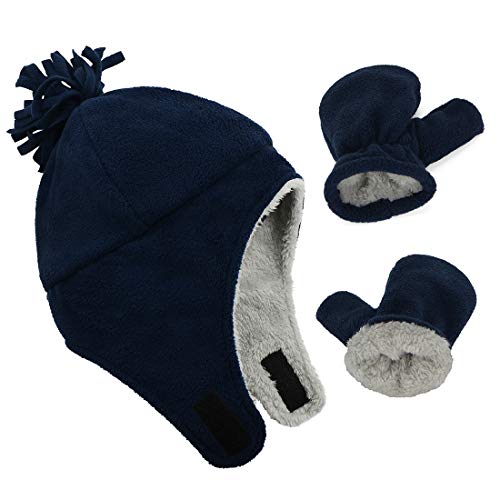 Durio Baby Mütze und Handschuhe Set Junge Wintermütze und Fäustlinge Warmes Gefütterte Fleece Mütze Kappen Ohrenklappe Kleinkind Kinder Mädchen Navy 1-2 Jahre von Durio