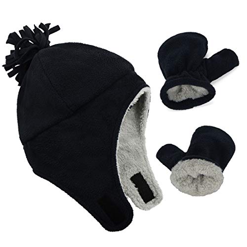 Durio Baby Mütze und Handschuhe Set Junge Wintermütze und Fäustlinge Warmes Gefütterte Fleece Mütze Kappen Ohrenklappe Kleinkind Kinder Mädchen Schwarz 1-2 Jahre von Durio