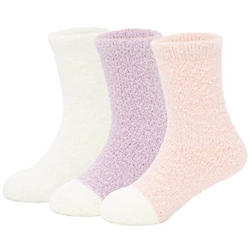 Durio Baby Socken Winter Warme Kuschelsocken Kindersocken Flauschige Stoppersocken Fleece Socken Thermosocken für Kleinkind Mädchen Jungen 3 Paare Pink Lila u. Weiß 4-10 Jahre von Durio