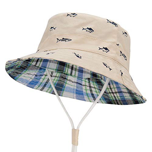 Durio Baby Sonnenhut Atmungsaktiv Sommerhut Kinder Fischerhut UV-Schutz Unisex Cap mit Verstellbarem Bindebändern Beige mit Fisch 12-24 Monate von Durio