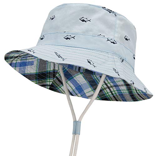 Durio Baby Sonnenhut Atmungsaktiv Sommerhut Kinder Fischerhut UV-Schutz Unisex Cap mit Verstellbarem Bindebändern Blau mit Fisch 2-4 Jahre 52cm von Durio