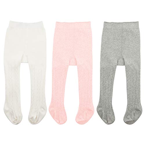 Durio Baby Strumpfhose für Mädchen Baumwolle Kinderstrumpfhose Kinder Strumpfhosen Set Warme Strümpfe Leggings 3 Paar-Weiß Hellpink Hellgrau 0-6 Monate von Durio