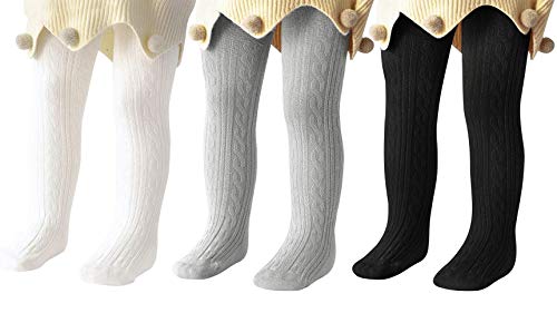 Durio Baby Strumpfhose für Mädchen Baumwolle Kinderstrumpfhose Kinder Strumpfhosen Set Warme Strümpfe Leggings 3 Paar-Weiß Schwarz Hellgrau 1-2 Jahre von Durio