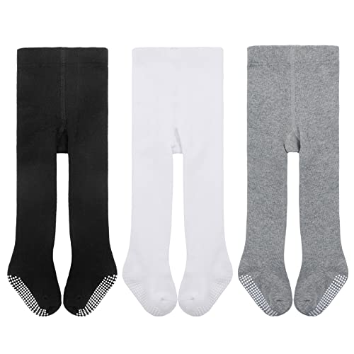 Durio Baby Strumpfhose für Mädchen Baumwolle Kinderstrumpfhose Kleinkind Strumpfhosen Set Leggings Anti-Rutsch Rutschfest Stoppersocken 3 Paar-Schwarz Weiß u. Grau 0-6 Monate von Durio