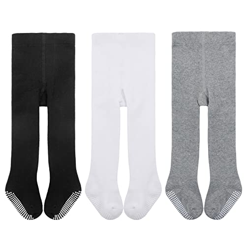 Durio Baby Strumpfhose für Mädchen Baumwolle Kinderstrumpfhose Kleinkind Strumpfhosen Set Leggings Anti-Rutsch Rutschfest Stoppersocken 3 Paar-Schwarz Weiß u. Grau 0-6 Monate von Durio