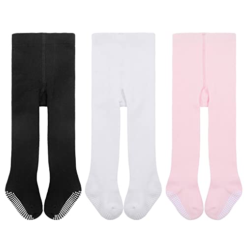 Durio Baby Strumpfhose für Mädchen Baumwolle Kinderstrumpfhose Kleinkind Strumpfhosen Set Leggings Anti-Rutsch Rutschfest Stoppersocken 3 Paar-Schwarz Weiß u. Pink 0-6 Monate von Durio