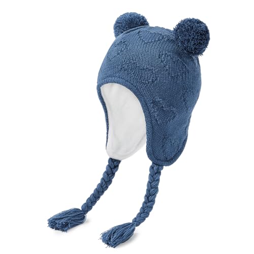 Durio Baby Wintermütze Strickmütze – Unisex Baby Mütze Mädchen Kinder Caps Jungen mit Bommel und Ohrschutzdesign Fleecefutter Beanie Mütze Denim-Blau 0-6 Monate von Durio
