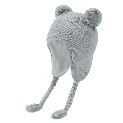 Durio Baby Wintermütze Strickmütze – Unisex Baby Mütze Mädchen Kinder Caps Jungen mit Bommel und Ohrschutzdesign Fleecefutter Beanie Mütze Hellgrau 0-6 Monate von Durio