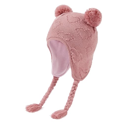 Durio Baby Wintermütze Strickmütze – Unisex Baby Mütze Mädchen Kinder Caps Jungen mit Bommel und Ohrschutzdesign Fleecefutter Beanie Mütze Rosa 0-6 Monate von Durio
