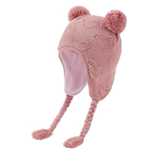 Durio Baby Wintermütze Strickmütze – Unisex Baby Mütze Mädchen Kinder Caps Jungen mit Bommel und Ohrschutzdesign Fleecefutter Beanie Mütze Rosa 1-2 Jahre von Durio