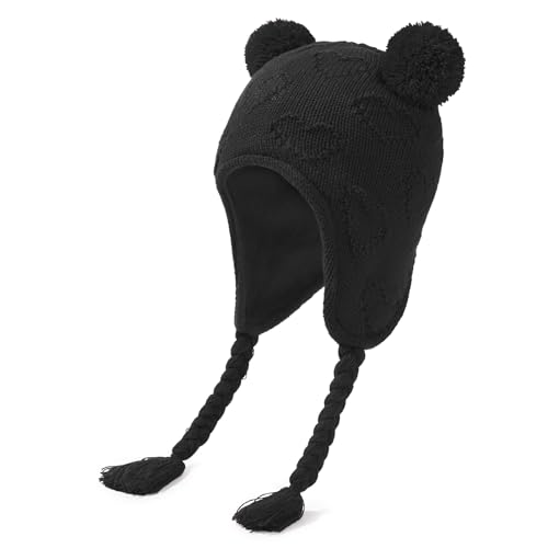 Durio Baby Wintermütze Strickmütze – Unisex Baby Mütze Mädchen Kinder Caps Jungen mit Bommel und Ohrschutzdesign Fleecefutter Beanie Mütze Schwarz 1-2 Jahre von Durio