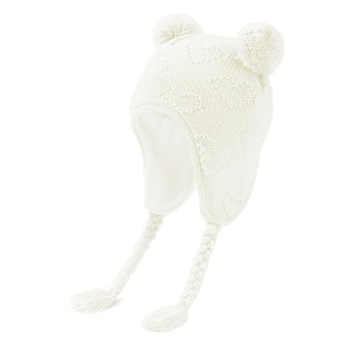 Durio Baby Wintermütze Strickmütze – Unisex Baby Mütze Mädchen Kinder Caps Jungen mit Bommel und Ohrschutzdesign Fleecefutter Beanie Mütze Weiß 1-2 Jahre von Durio