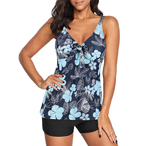 Durio Badeanzug Damen Bademode Zweiteilig Tankini Set V-Ausschnitt Bikini Set Bauchweg Sexy Blaue Blumen 40-42 von Durio