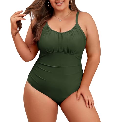 Durio Badeanzug Damen Große Größe Bauchweg Große Oberweite Einteiler Bademode Elegant Rüschen U Ausschnitt Swimsuit Armeegrün 48 (Tag Size 3XL) von Durio
