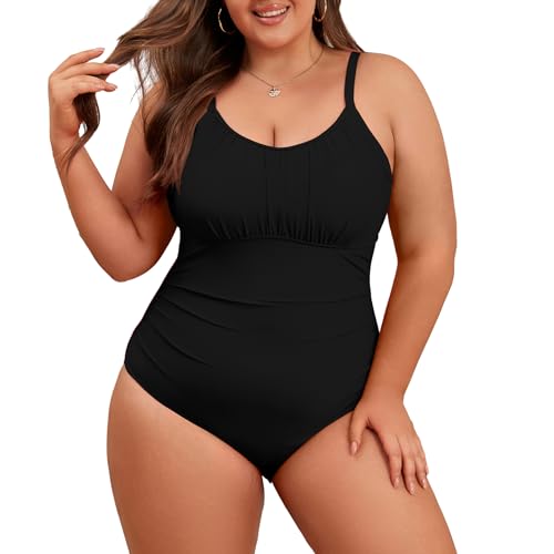 Durio Badeanzug Damen Große Größe Bauchweg Einteiler Elegant Rüschen U Ausschnitt Große Oberweite Swimsuit Bademode Verstellbarer Schultergurt Schwarz 50 (Tag Size 4XL) von Durio