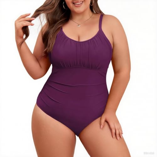 Durio Badeanzug Damen Große Größe Bauchweg Einteiler Elegant Rüschen U Ausschnitt Große Oberweite Swimsuit Bademode Verstellbarer Schultergurt Violett 48 (Tag Size 3XL) von Durio